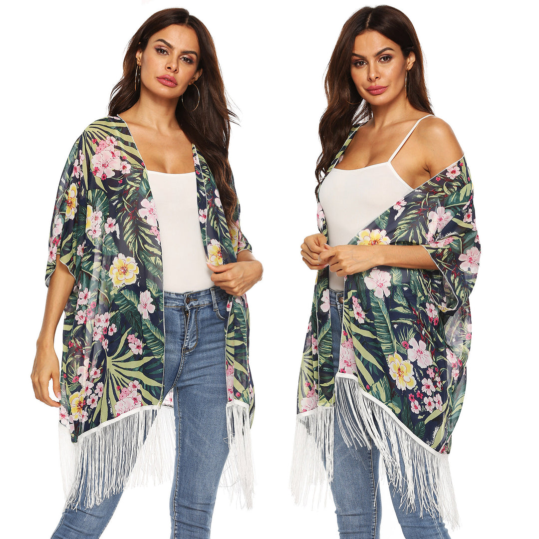 Damen Kimono mit floralem Design und Fransen Drune