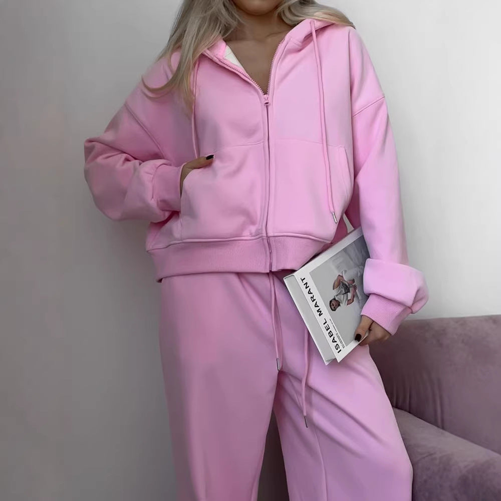 Damen lässiges Kapuzen-Sweatshirt mit Reißverschluss und weiten High-Waist Jogginghose Drune