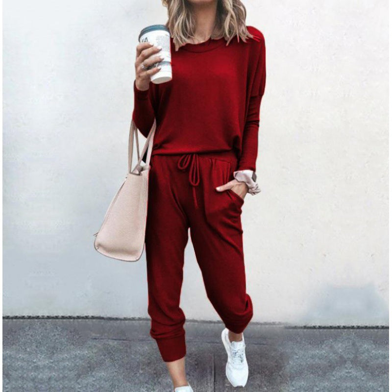 Damen Lässiges Lounge-Set mit Rundhalsausschnitt, Kordelzug-Hose und Bündchen Drune