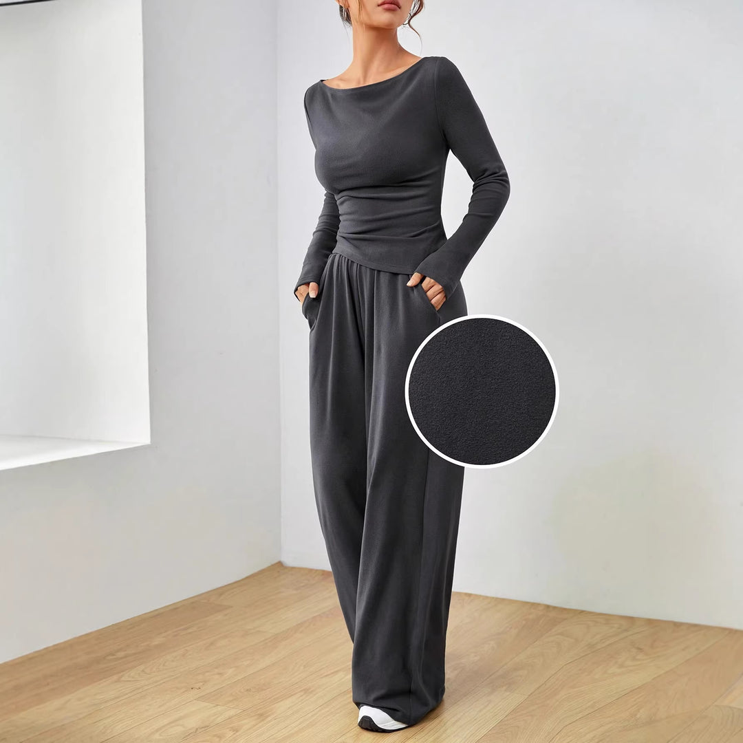 Damen Lässiges Two‑Piece Lounge‑Set mit U‑Boot‑Ausschnitt, taillierter Drapierung und weitem Palazzohose Drune