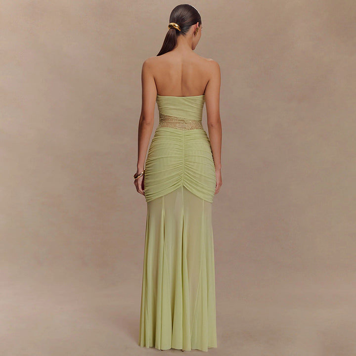 Damen Elegantes Maxikleid mit raffiniertem Spitzen-Einsatz und Raffung Drune