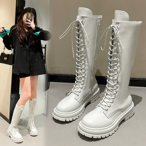 Damen Kniehohe Schnürstiefel mit seitlichem Reißverschluss und grober Profilsohle Drune