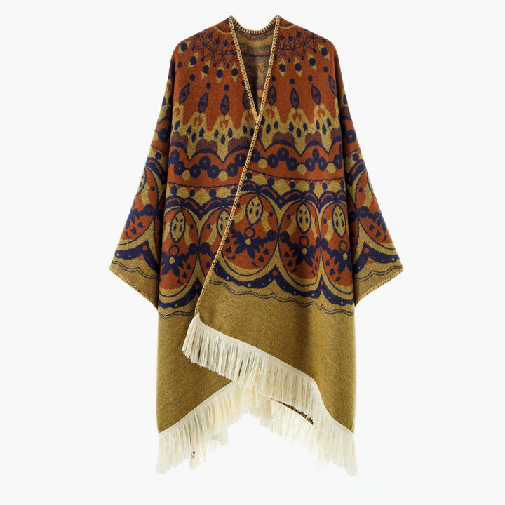 Damen Gewebter Jacquard-Poncho mit V-Ausschnitt, Ethno‑Print und Fransen Drune