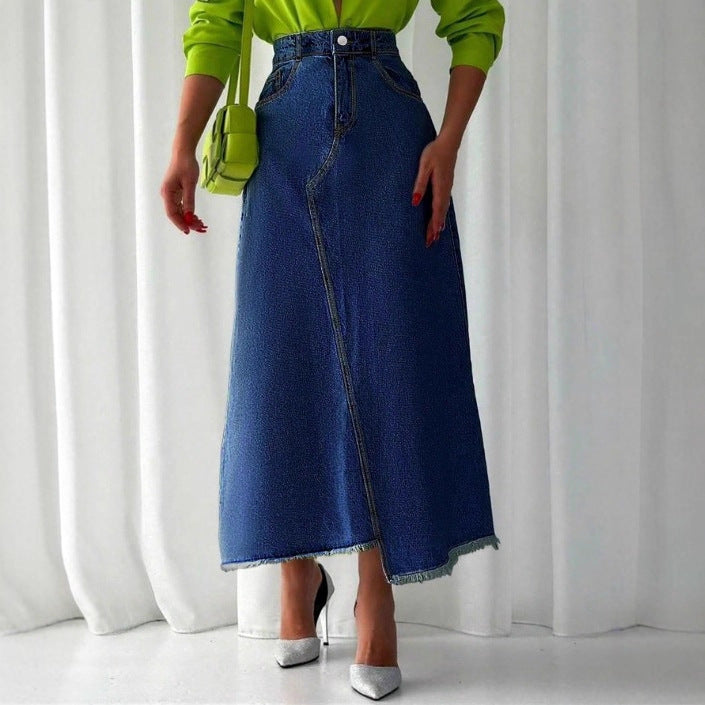 Damen Hochtaillierter Maxi-Denimrock mit asymmetrischer Vordernaht und fransigem Saum Drune