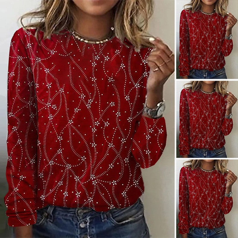 Damen nan lockeres Rundhals-Sweatshirt mit Strassverzierung und floralem Punktmuster Drune