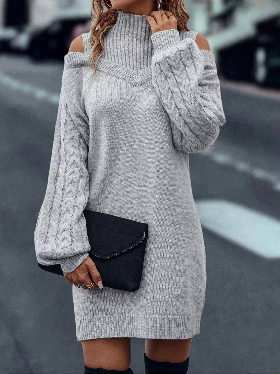 Damen Strickkleid mit hochgeschlossenem Kragen und offener Schulterpartie Drune