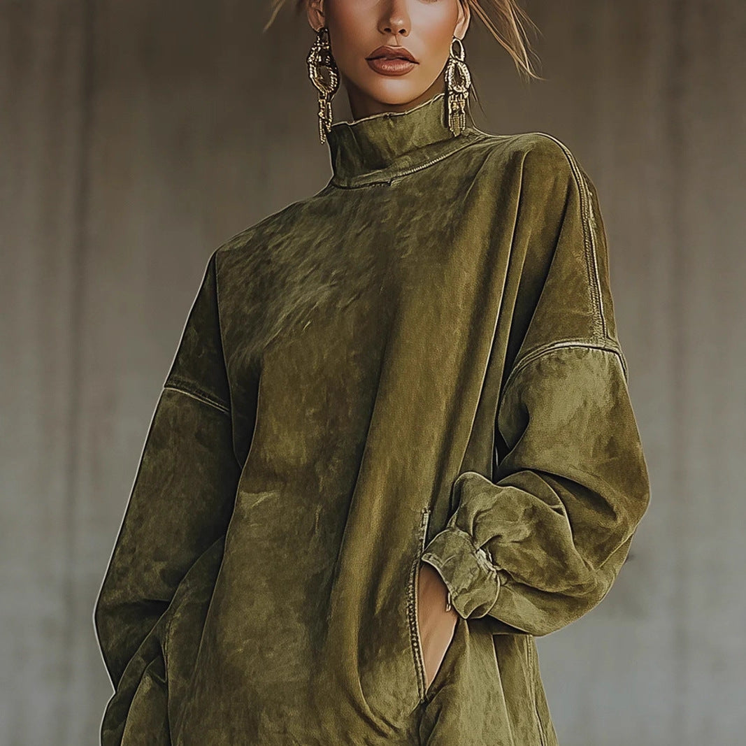 Damen nan oversized Wildlederoptik Tunika mit Stehkragen und Fransen Drune