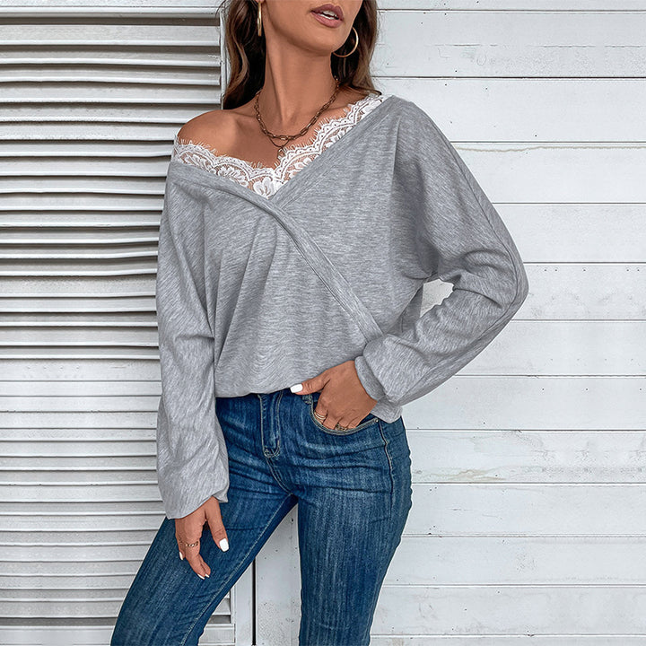 Damen Oversized Wickel-Longsleeve mit Spitzenblende und weitem Arm Drune