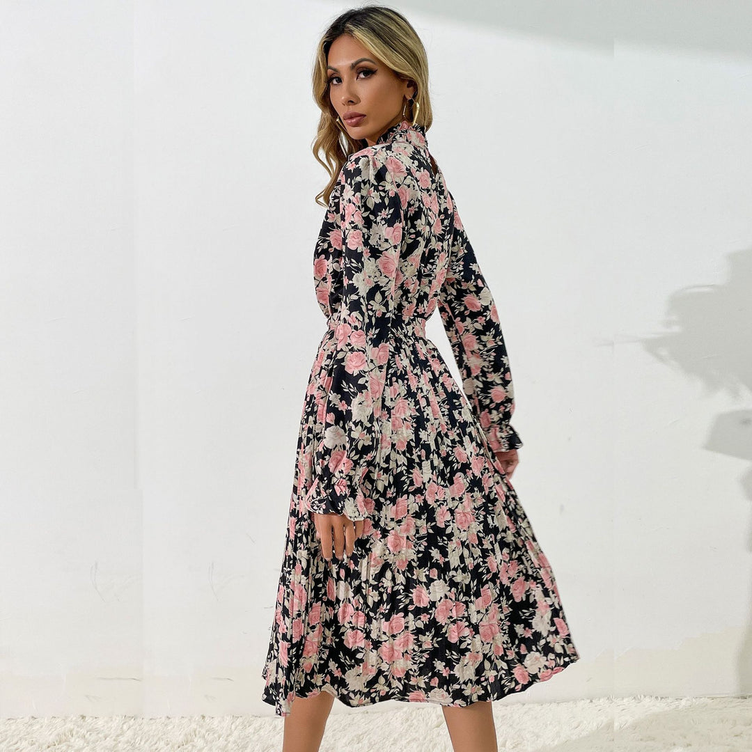 Damen Midikleid mit Blumenprint, Plissée‑Rock, Stehkragen und Bindegürtel Drune