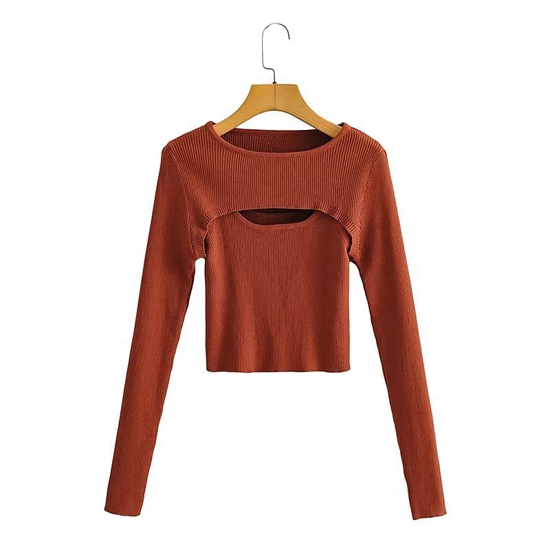 Damen Geripptes Cropped-Feinstricktop mit Cut-Out-Details Drune