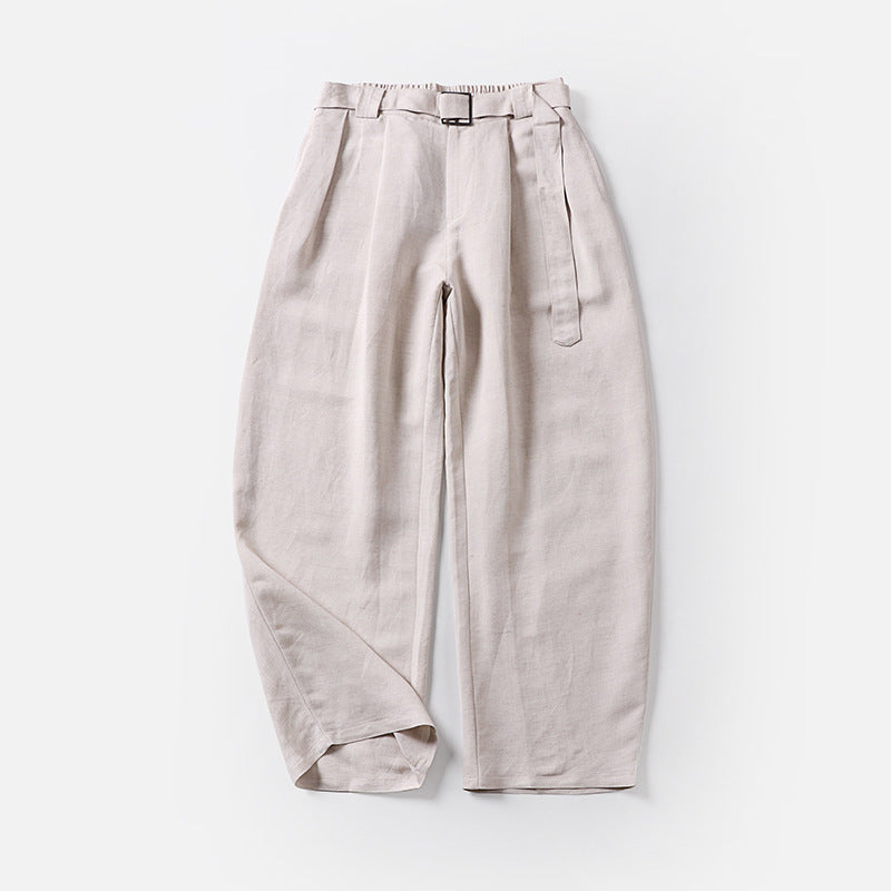 Damen Hochtaillierte Leinen-Baumwoll Bundfaltenhose mit Bindegürtel und tapered Bein Drune
