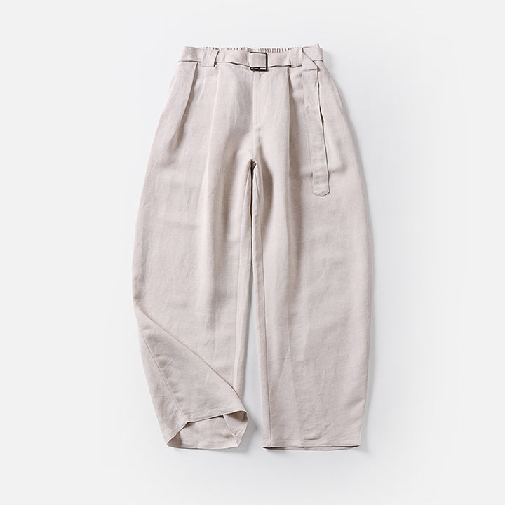 Damen Hochtaillierte Leinen-Baumwoll Bundfaltenhose mit Bindegürtel und tapered Bein Drune