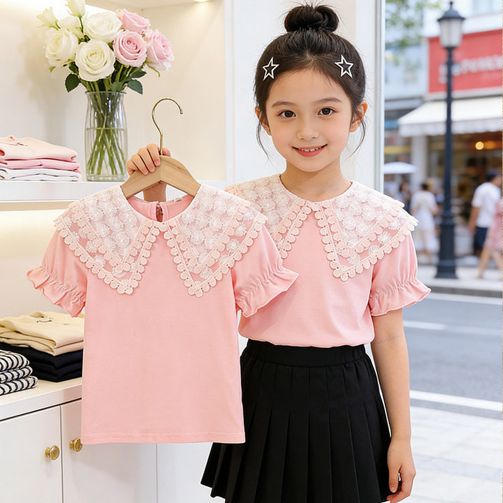Mädchen T-Shirt mit romantischem Spitzenkragen und Rüschendetails Drune