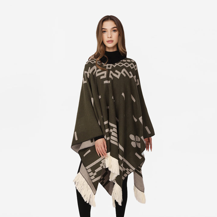 Damen V-Ausschnitt-Poncho im Jacquard-Strick mit Fransenabschluss Drune