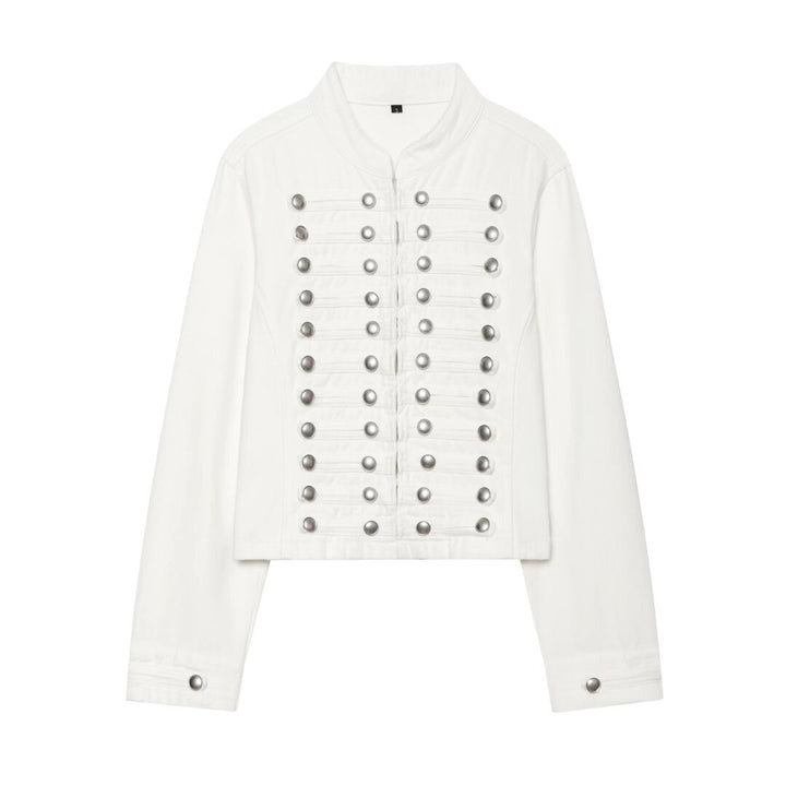 Damen Cropped Denim‑Blouson im Frackstil mit dekorativen Reihenknöpfen Drune