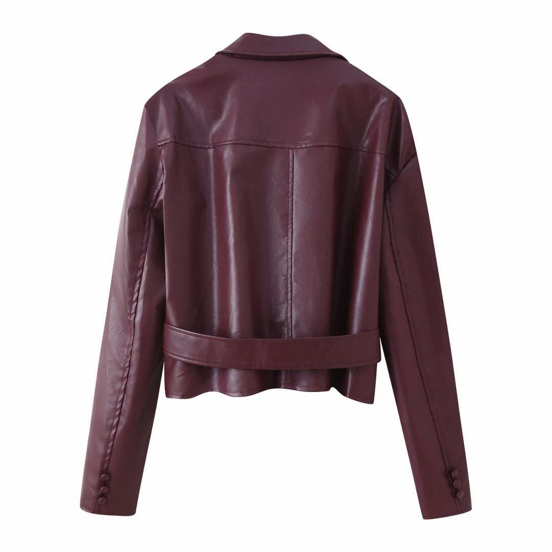 Damen elegante Kunstlederjacke mit tailliertem Schnitt und Bindegürtel Drune