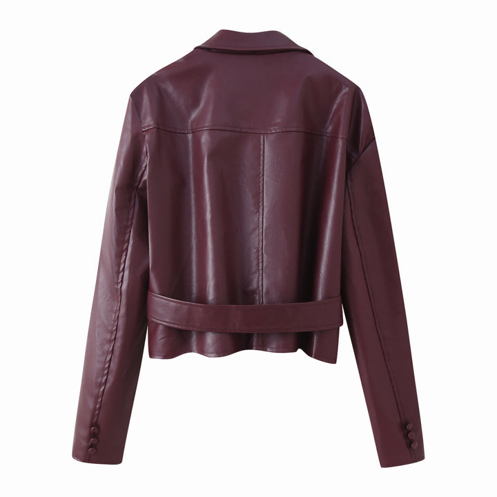 Damen elegante Kunstlederjacke mit tailliertem Schnitt und Bindegürtel Drune