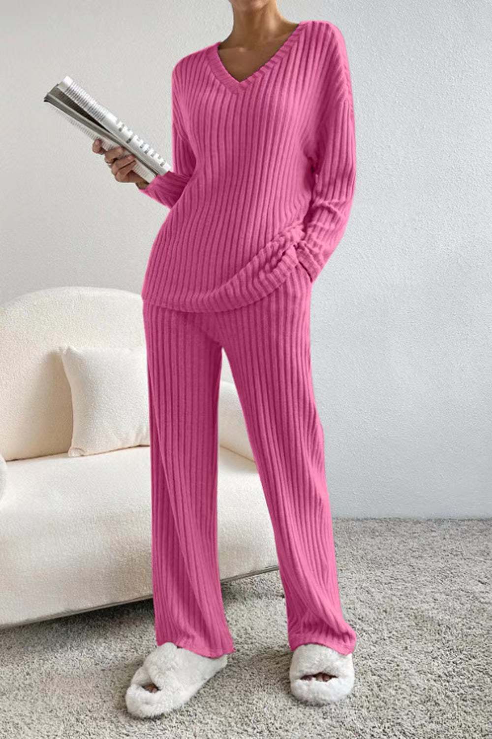 Damen lässiges Strick-Lounge-Set mit V-Ausschnitt Drune