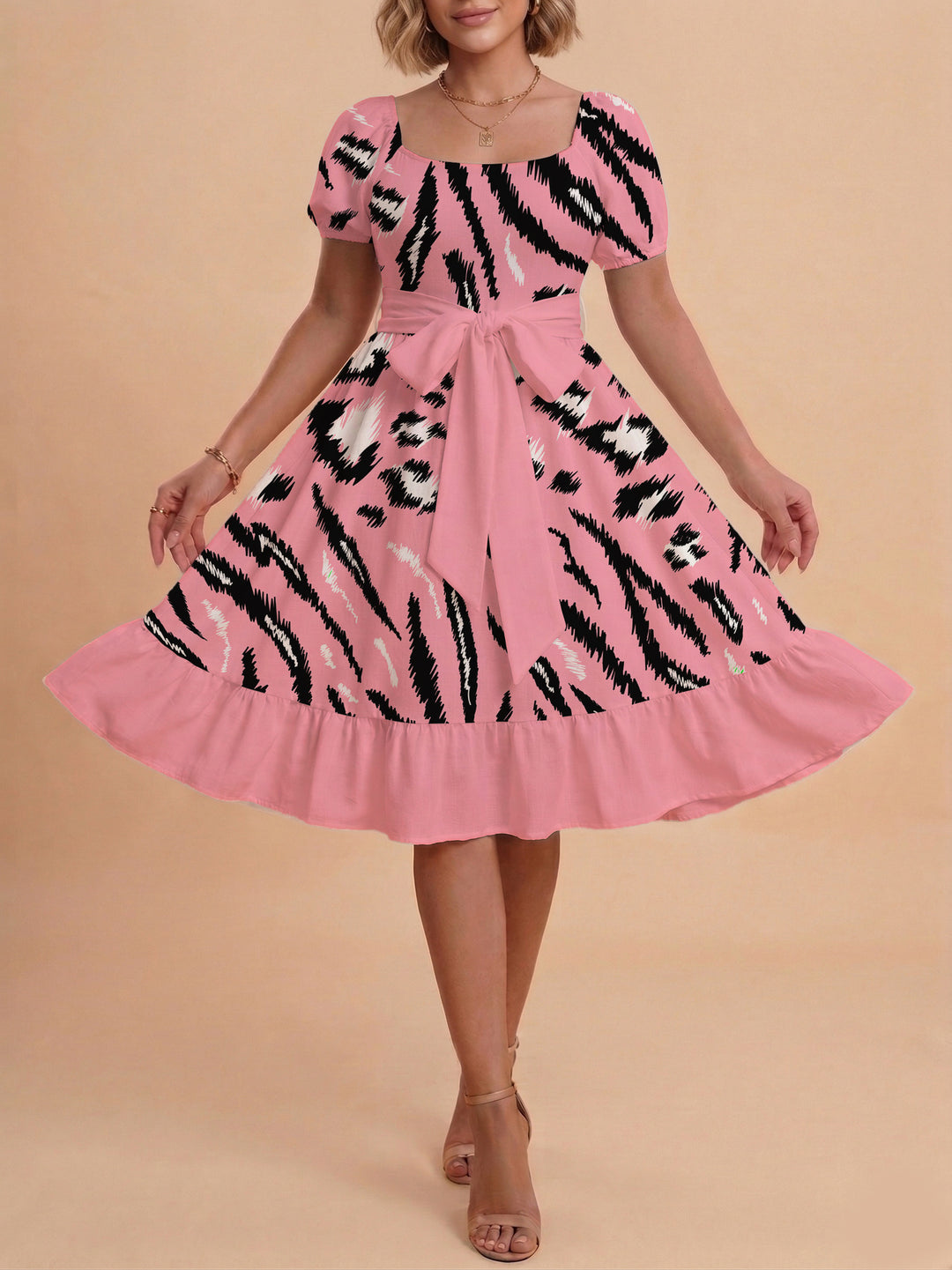 Damen Sommerliches Blumenkleid mit taillierbarem Gürtel und voluminösen Ärmeln Drune
