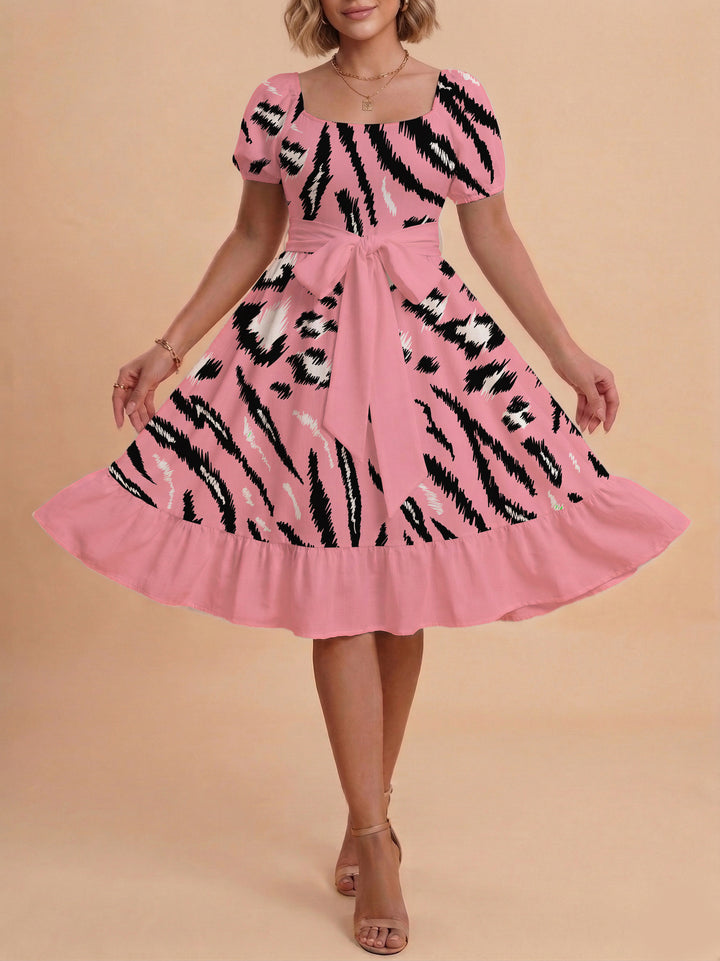Damen Sommerliches Blumenkleid mit taillierbarem Gürtel und voluminösen Ärmeln Drune