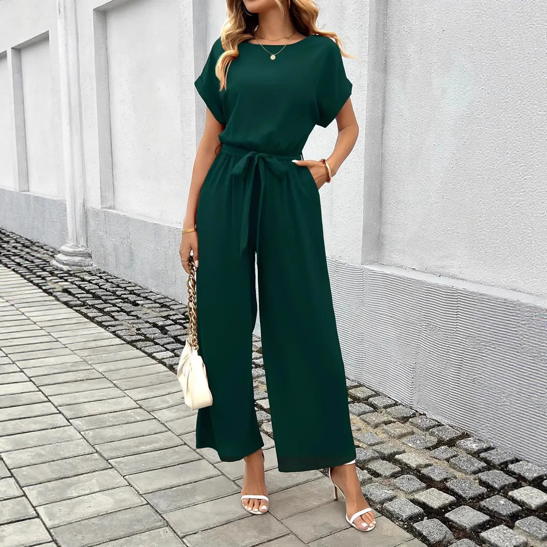 Damen Eleganter Jumpsuit mit weitem Bein und Taillenknoten Drune