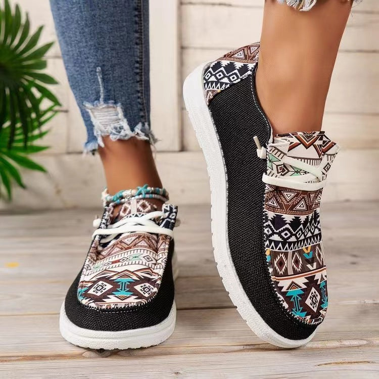 Damen Aztekische Slip-On Sneakers mit Strickoberteil und Mokassin-Naht Drune