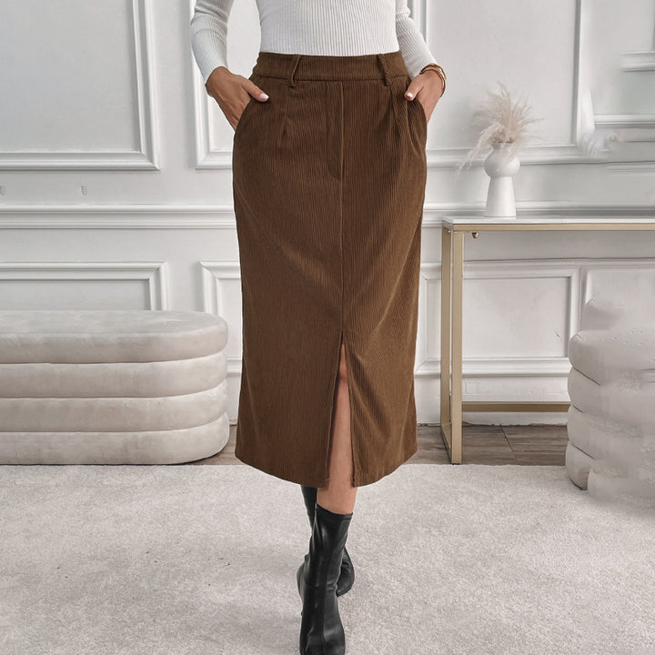 Damen Cord-Midirock mit hohem Bund, Eingrifftaschen und mittigem Schlitz Drune