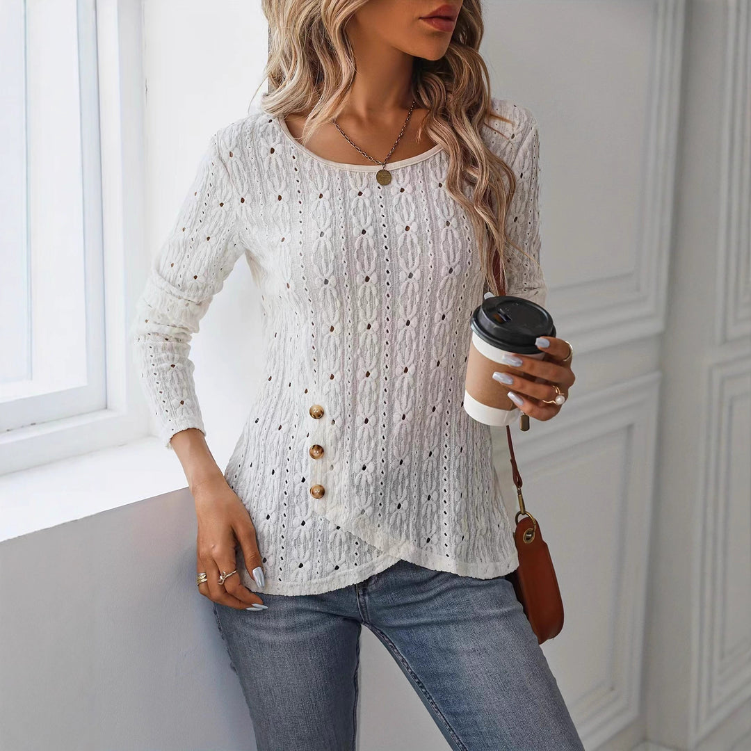 Damen Langarmshirt mit raffiniertem Häkelmuster und Knopfdetails Drune