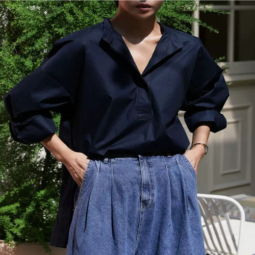 Damen Oversize-Hemd aus Baumwollpopeline mit Kentkragen und verlängertem Rückenteil Drune