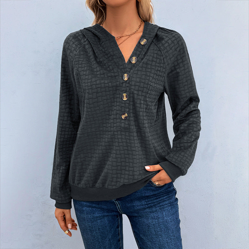 Damen Texturiertes Kapuzen-Henley-Pullover mit Knopfleiste und Kängurutasche Drune