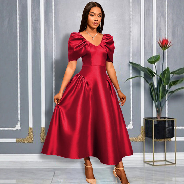 Damen Elegantes Satin Abendkleid mit voluminösen Puffärmeln Drune