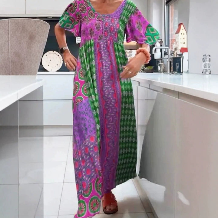 Damen nan Boho Maxikleid mit gesmoktem Oberteil und weitem Fließrock Drune