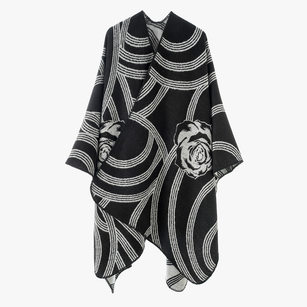 Damen Jacquard‑Capeponcho mit Rosendessin und Oversize‑Fall Drune