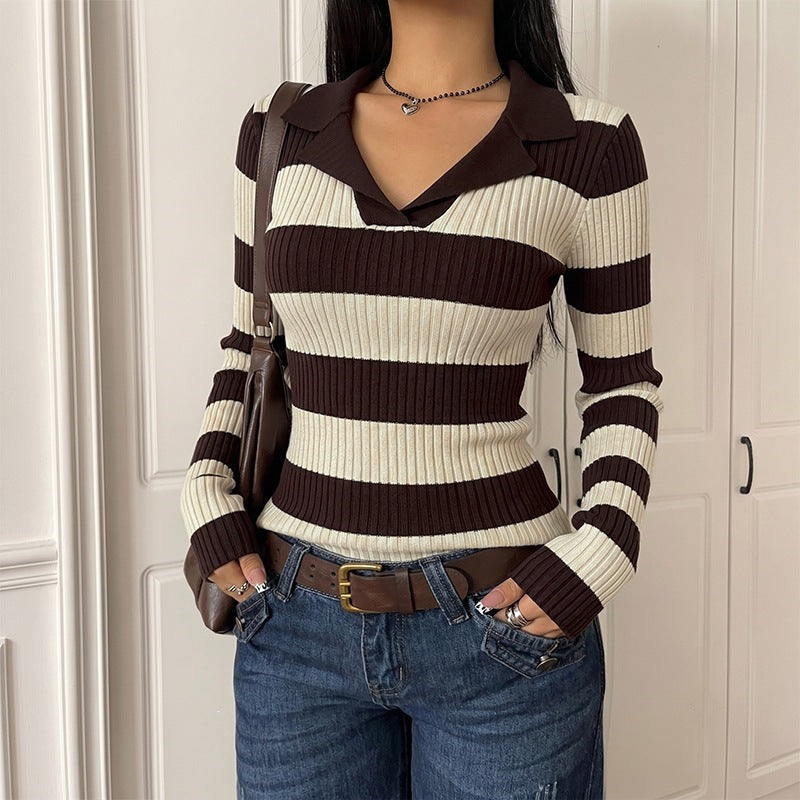 Damen Langarm Strickoberteil mit Polo-Kragen Drune