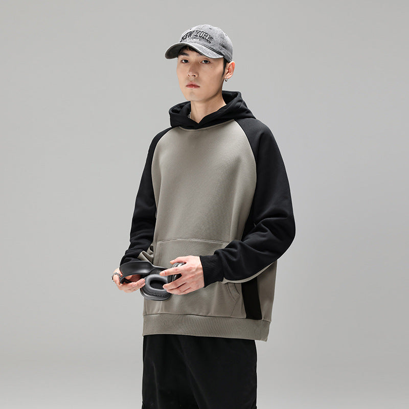 Herren Kapuzenpullover im Colourblock-Design mit Raglanärmeln, Kängurutasche und geripptem Saum Drune