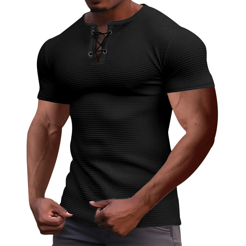 Herren nan Kurzarmshirt mit Schnürkragen, Metallösen und feinem Strukturjersey Drune