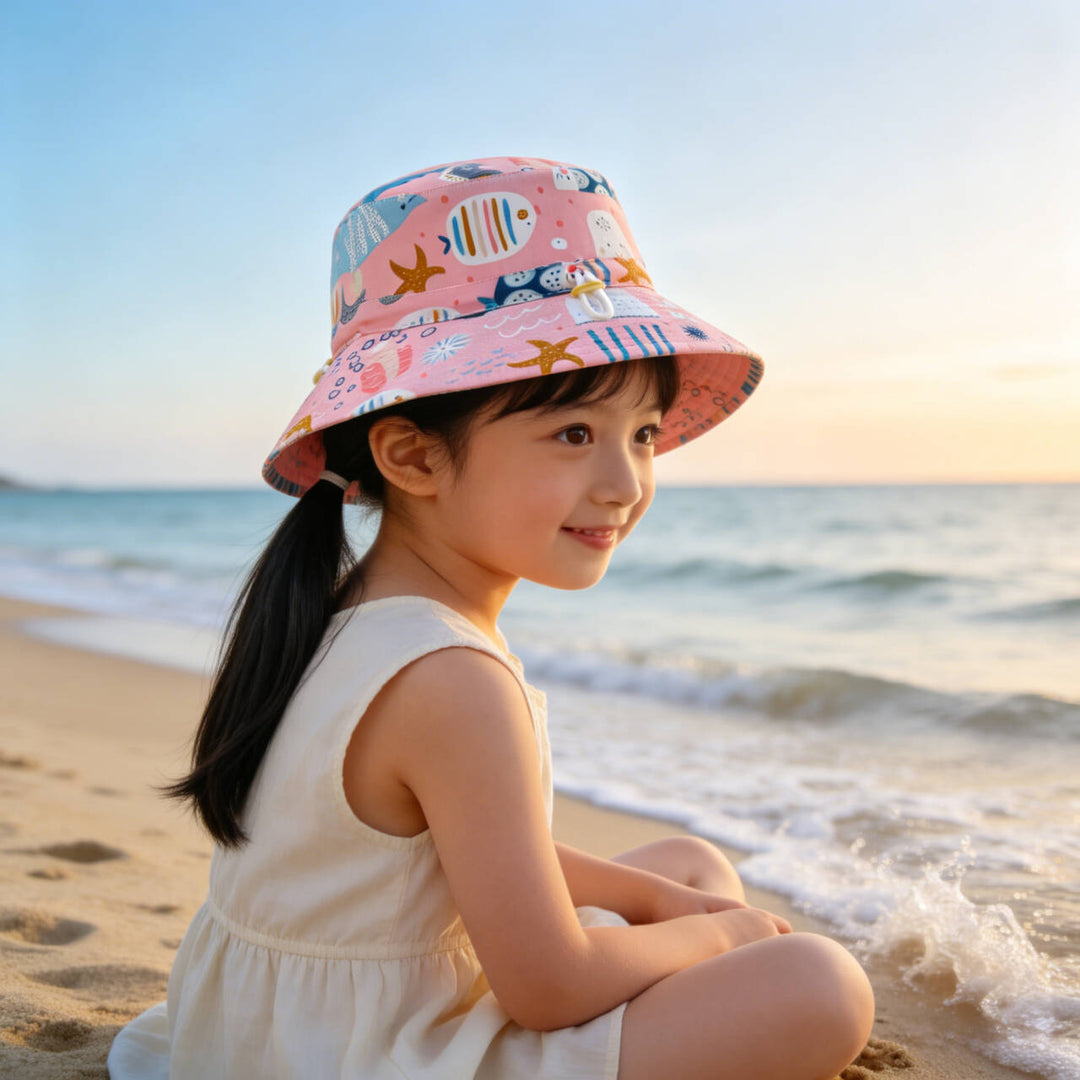 Unisex nan Kinder-Sonnenhut mit Wendemotiv, Kinnband und hohem UV-Schutz  Drune