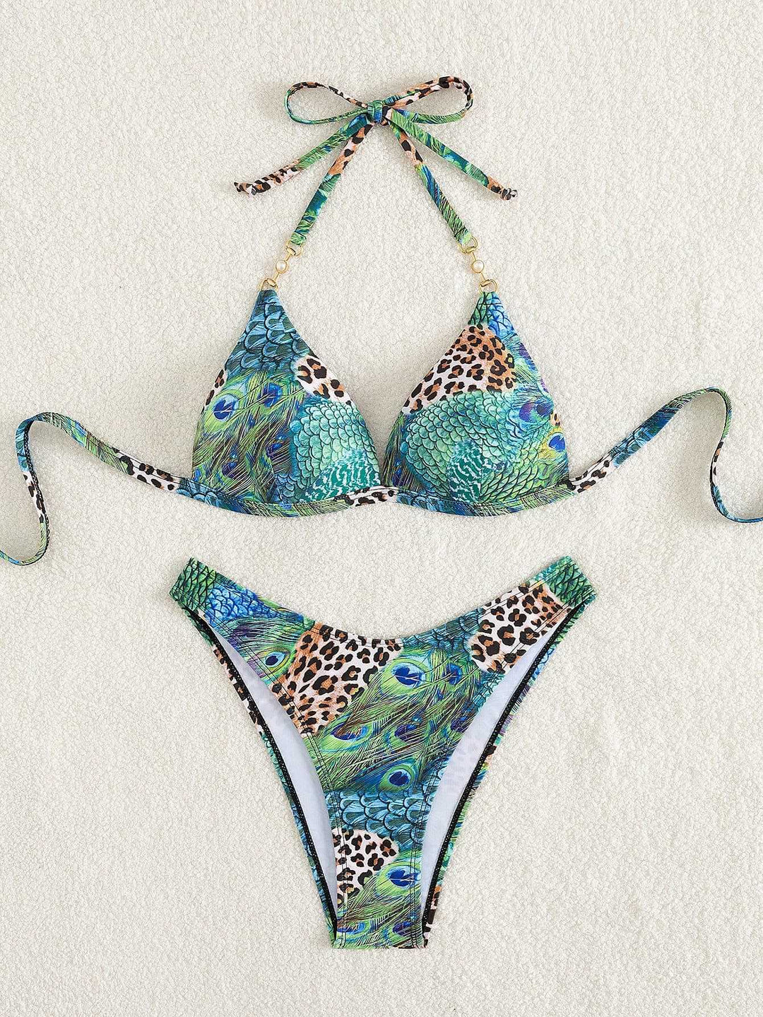 Damen Triangel-Bikini mit lebendigem Tier- und Pfauenmotiv Drune