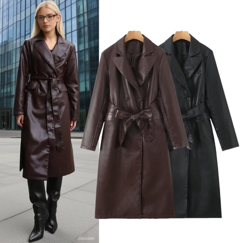 Damen Kunstleder Trenchcoat mit taillierbarem Gürtel und doppelter Knopfleiste Drune