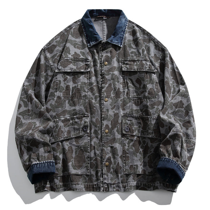 Herren Boxy-Jeansjacke im Camouflage-Muster mit Kontrastkragen und Mehrfachtaschen Drune
