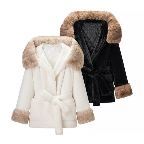 Damen nan kuschelige Kunstfell-Manteljacke mit Kapuze, Taillengürtel und Kontrastfutter Drune