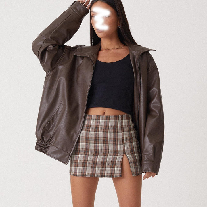 Damen Oversize Kunstleder Blouson mit Reißverschluss und elastischem Saum Drune