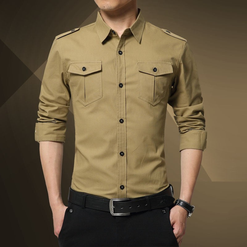 Herren Slim-Fit Baumwoll-Mix Utility-Hemd mit Schulterklappen und Brustpattentaschen Drune