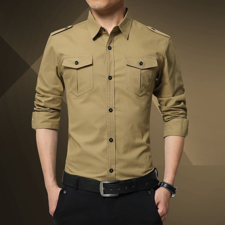 Herren Slim-Fit Baumwoll-Mix Utility-Hemd mit Schulterklappen und Brustpattentaschen Drune