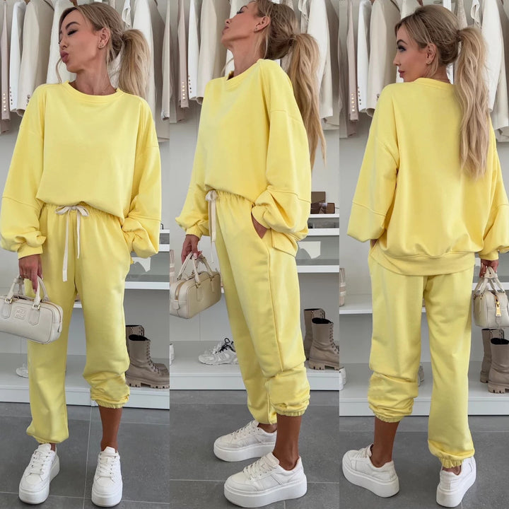 Damen Oversized Loungewear-Set aus weich angerautem Sweat mit Kordelzug-Jogginghose und relaxed Pullover Drune