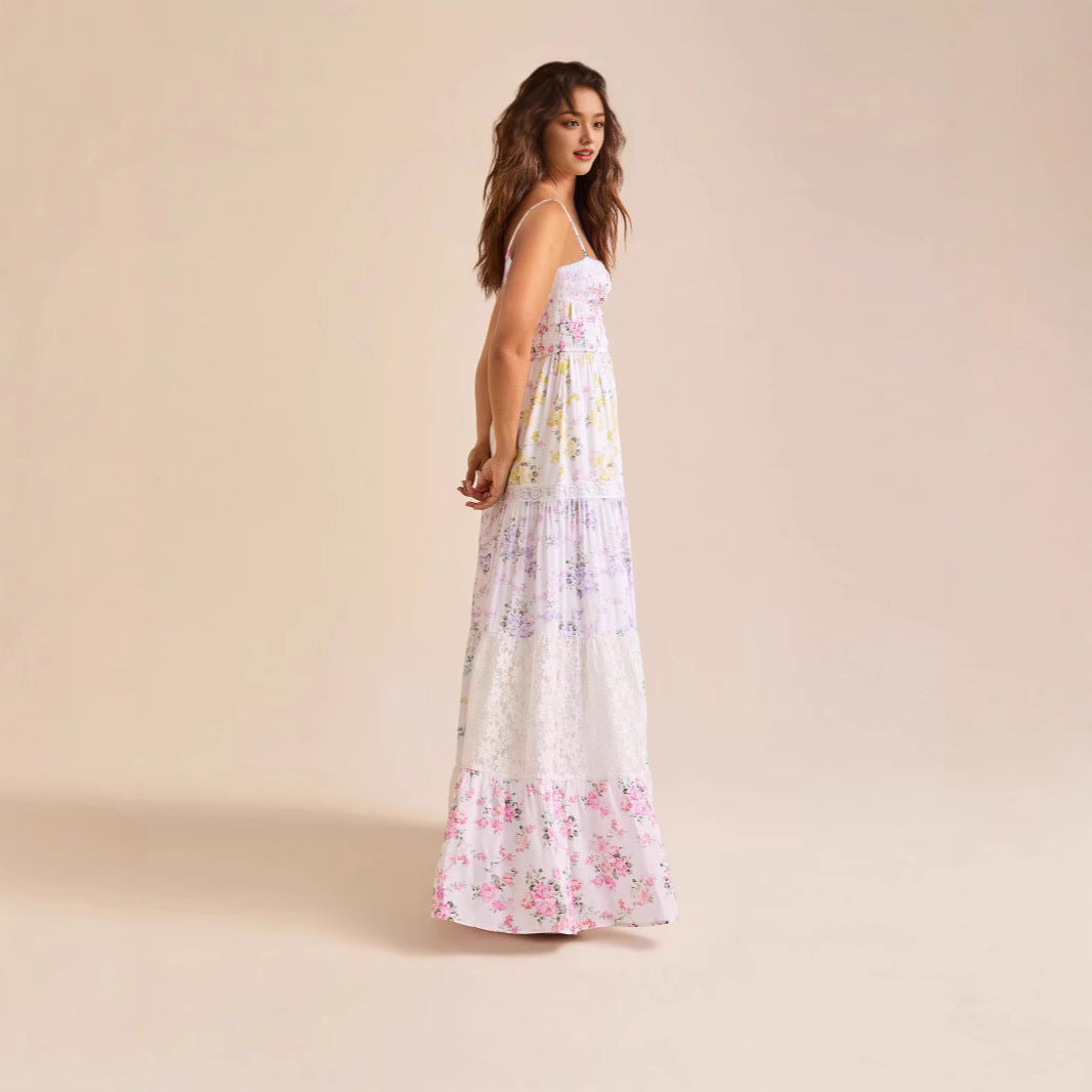 Damen Boho Maxikleid mit elastischem Oberteil und Spitzenakzenten Drune