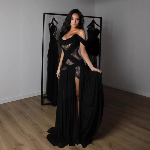 Damen Elegantes Spitzenkleid mit tiefem Schlitz und trägerlosem Schnitt Drune