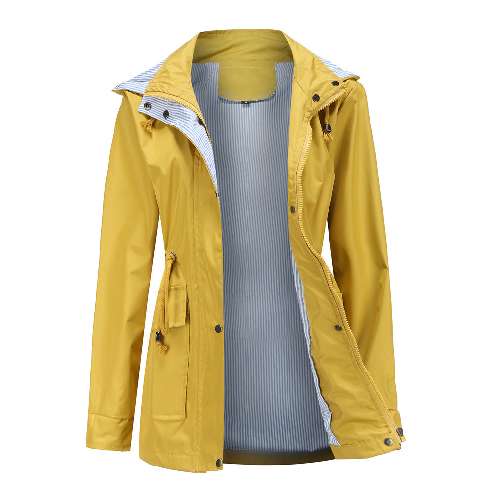 Damen Wetterfeste Regenjacke mit verstellbarem Kapuzenkragen und Taillenzug Drune