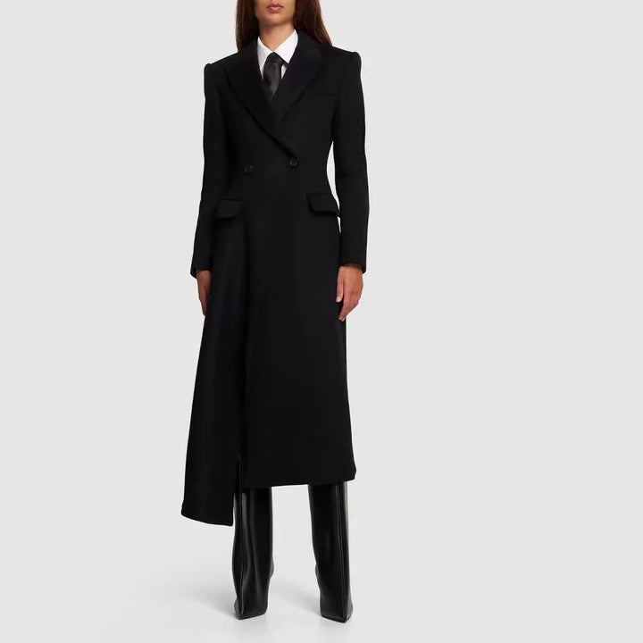 Damen Maxilanger Asymmetrischer Doppelreihiger Blazer‑Mantel mit betonter Schulter Drune