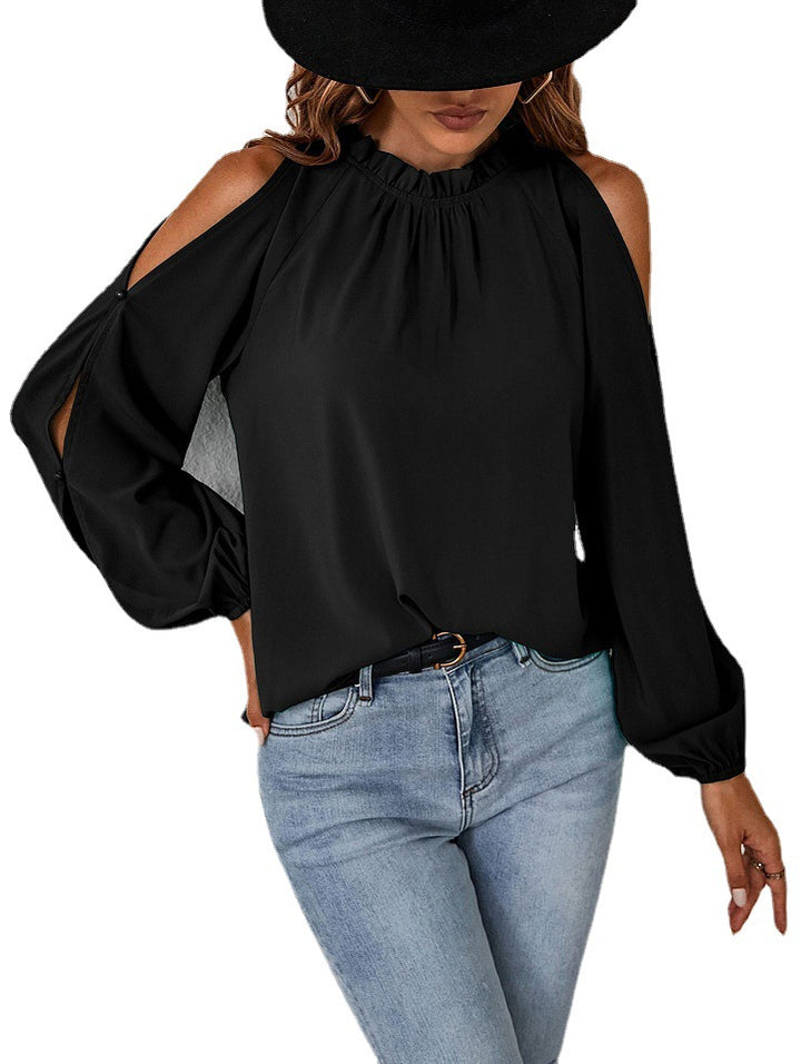 Damen schickes Oberteil mit schulterfreien Einsätzen und eleganten Rüschendetails Drune